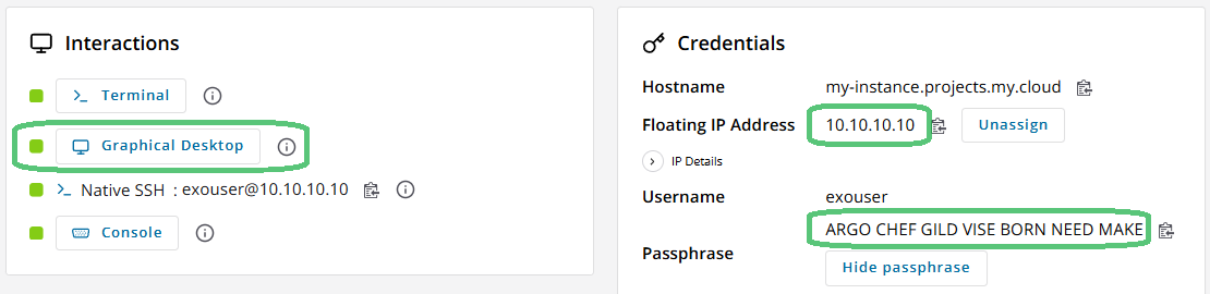 Instance details from exosphere, highlighting the Graphical Desktop, IP Address, and Passphrase